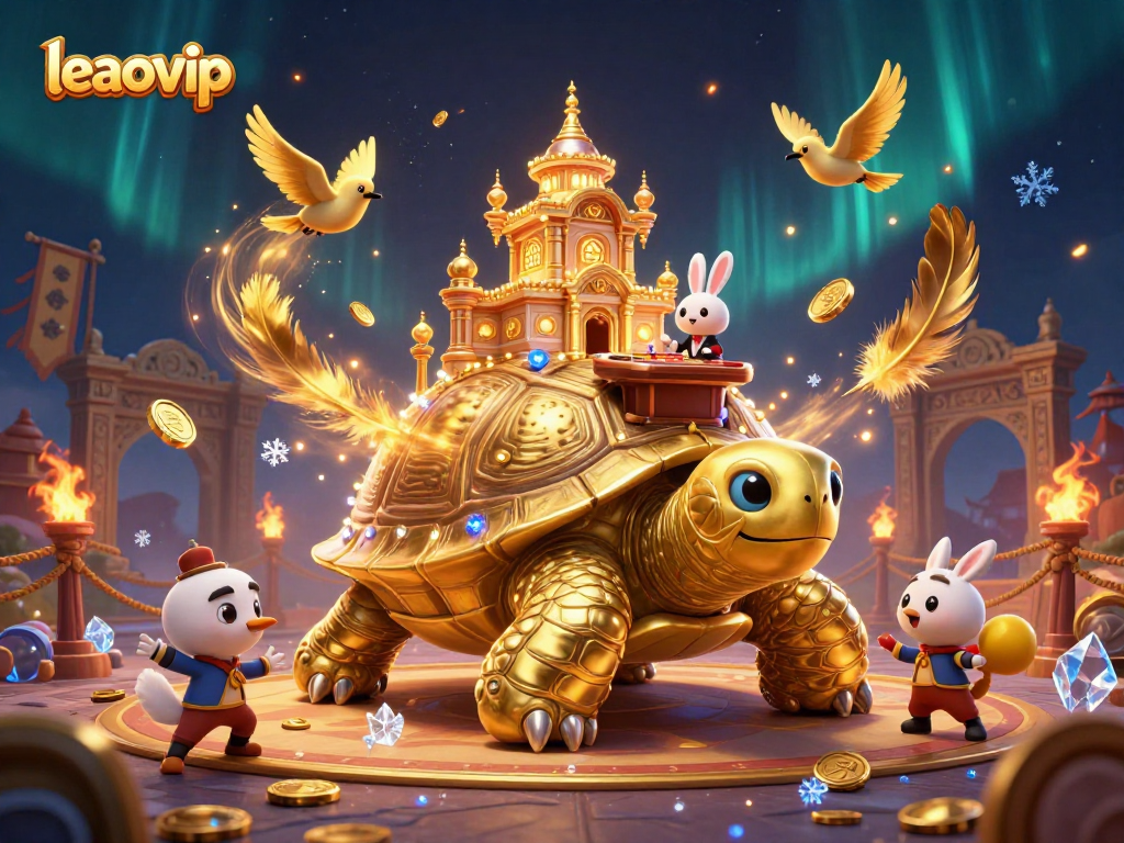 Experience the excitement of leaovip with a vibrant 3D casino scene featuring a golden tortoise and thrilling game elements.