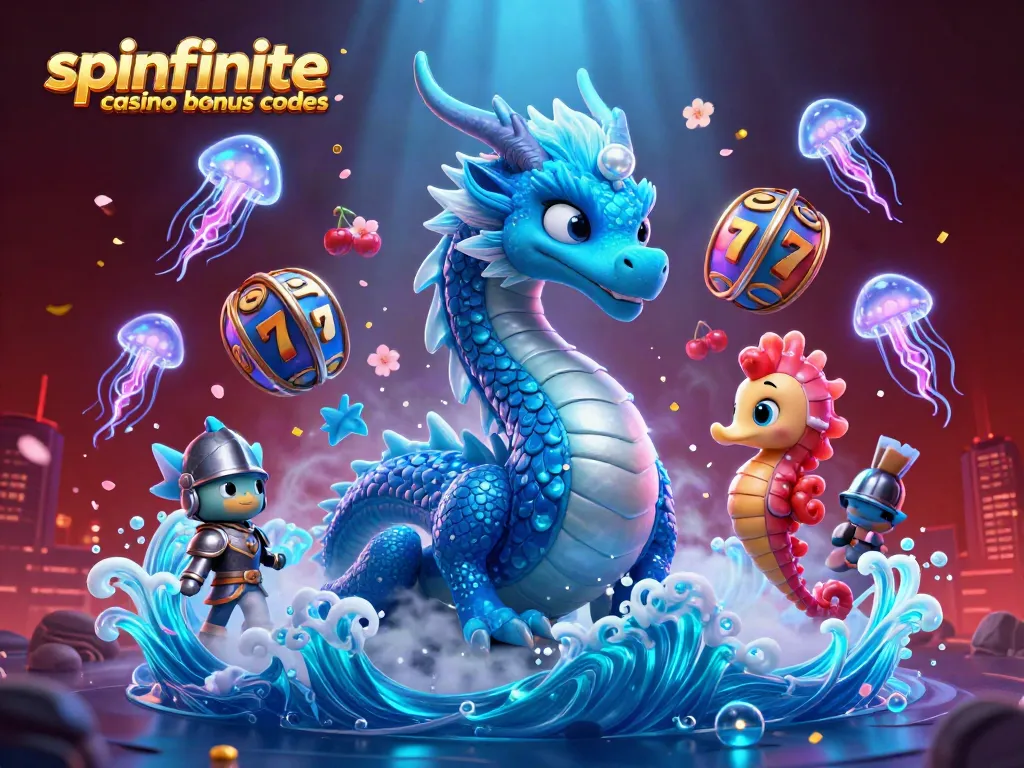Engage with spinfinite casino bonus codes through a vibrant 3D casino illustration showcasing dynamic slot reels.