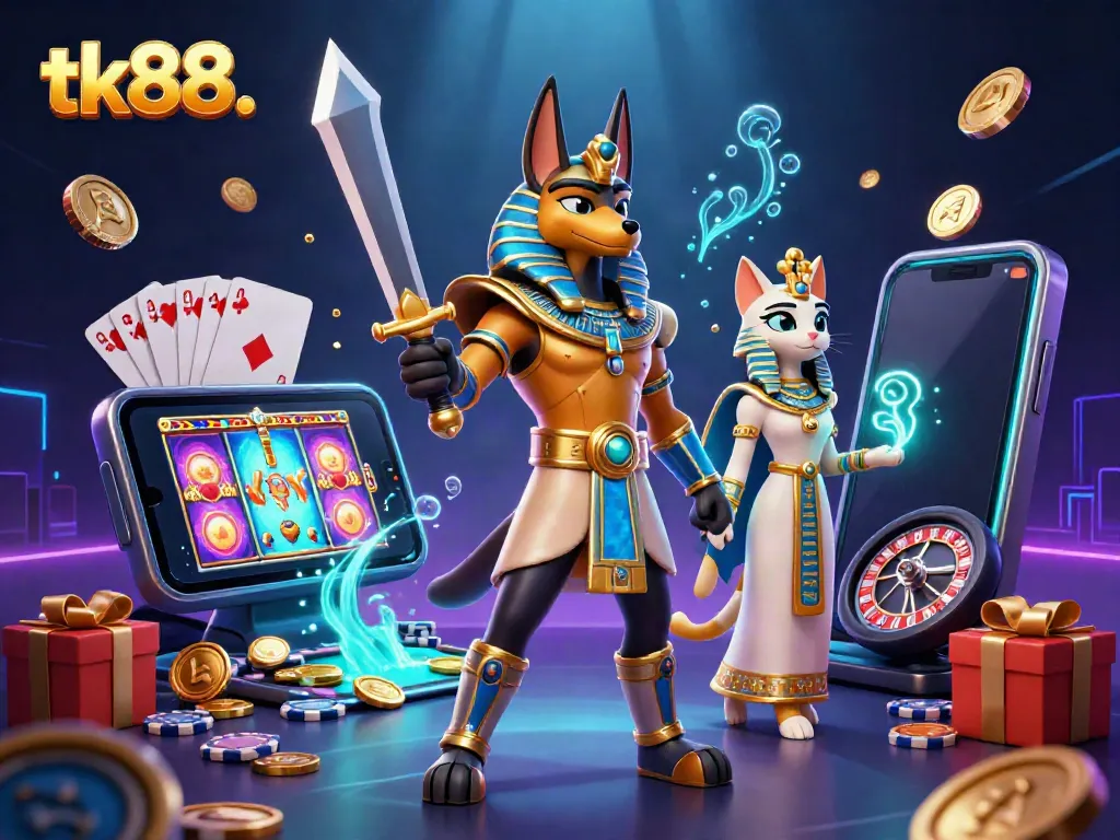 Engage in thrilling online gaming at tk88., featuring Anubis and Bastet amid dynamic casino elements.