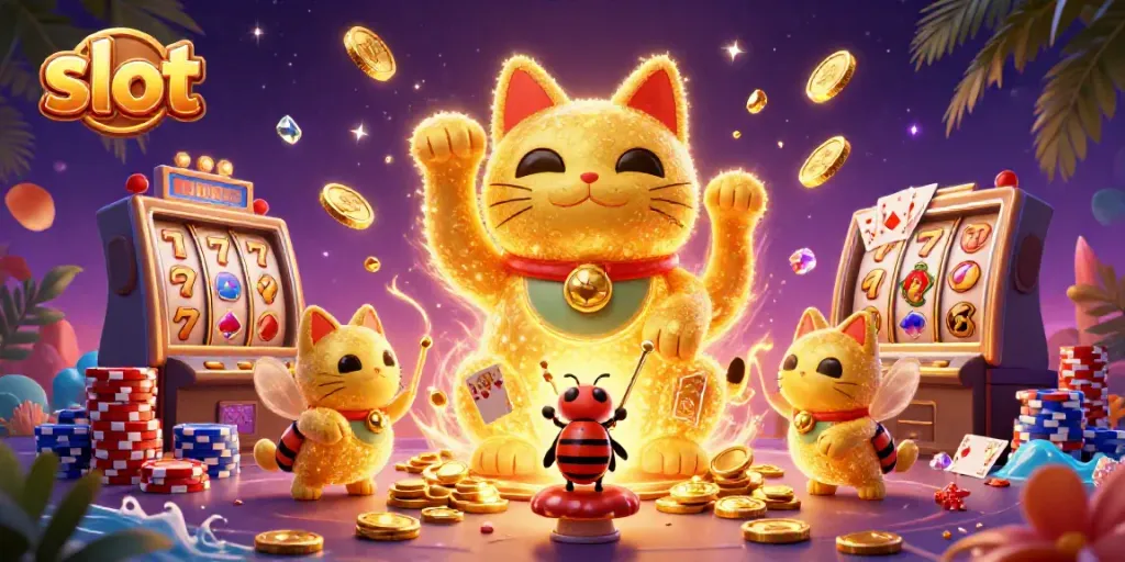 Experience thrilling slot action with a giant lucky cat and shimmering casino elements.