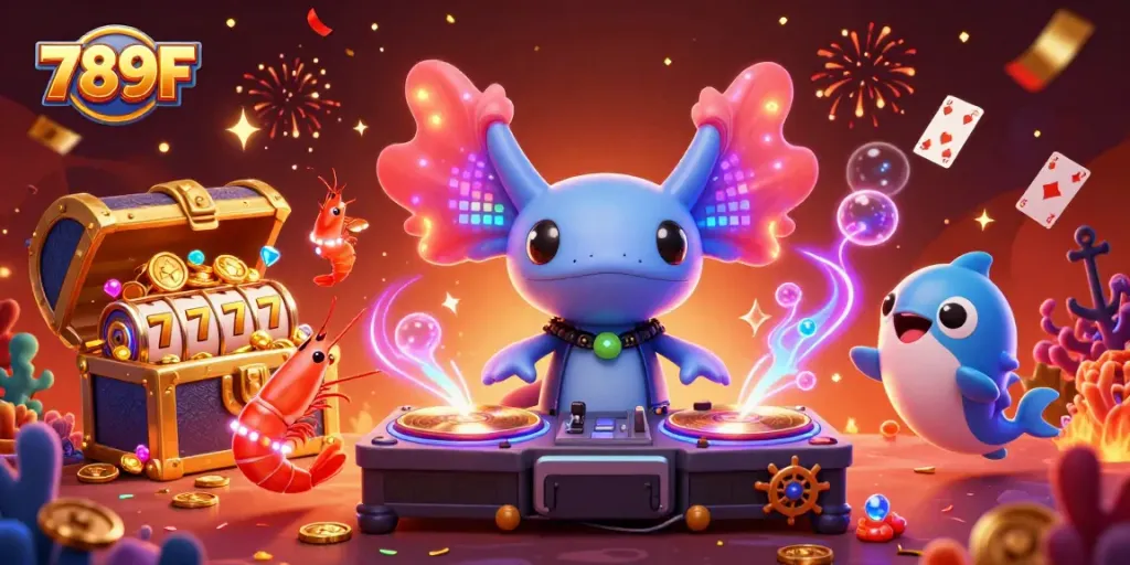 Join the vibrant 789F casino adventure with a neon axolotl DJ spinning gold records.