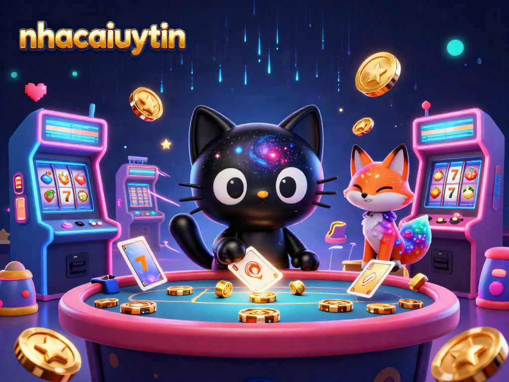 Engage with nhacaiuytin at a vibrant cosmic casino featuring a black hole cat and colorful elements.