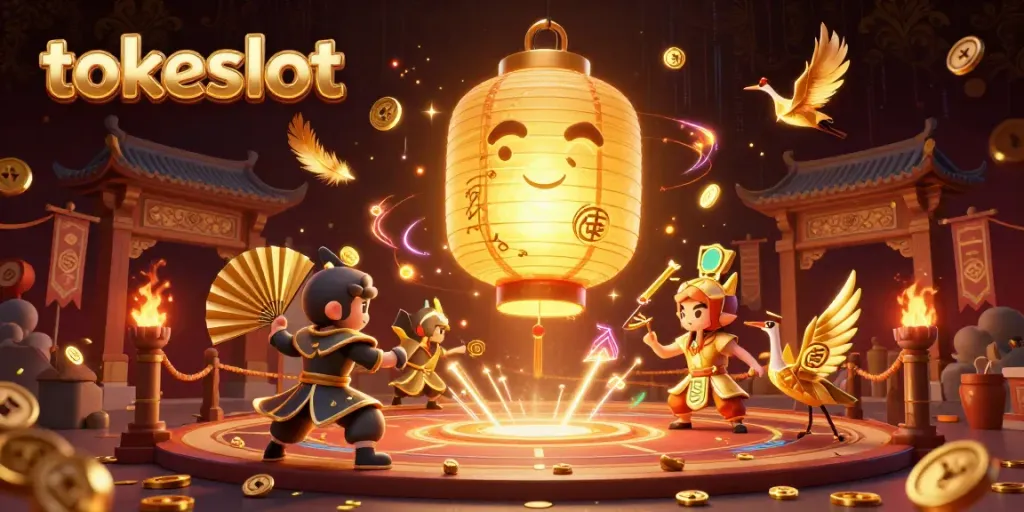 Engage with tokeslot's vibrant casino scene featuring golden lantern spirits and lucky symbols.