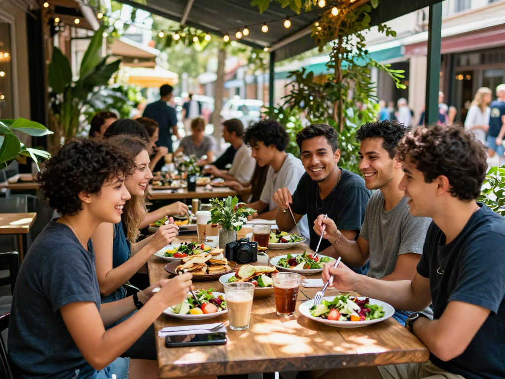 Friends enjoying kebuntoto-inspired gourmet dishes in a lively café setting.