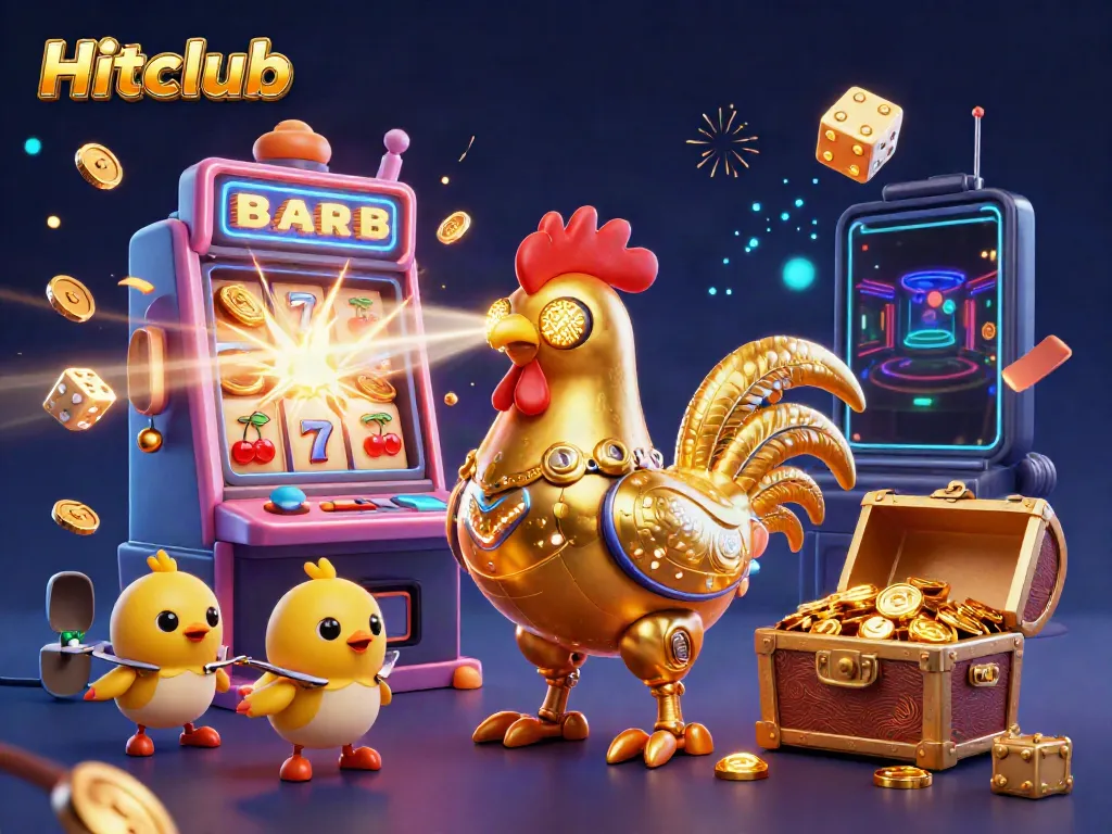Hitclub's vibrant gaming scene showcases a golden rooster robot with lucky symbols and coins flying.