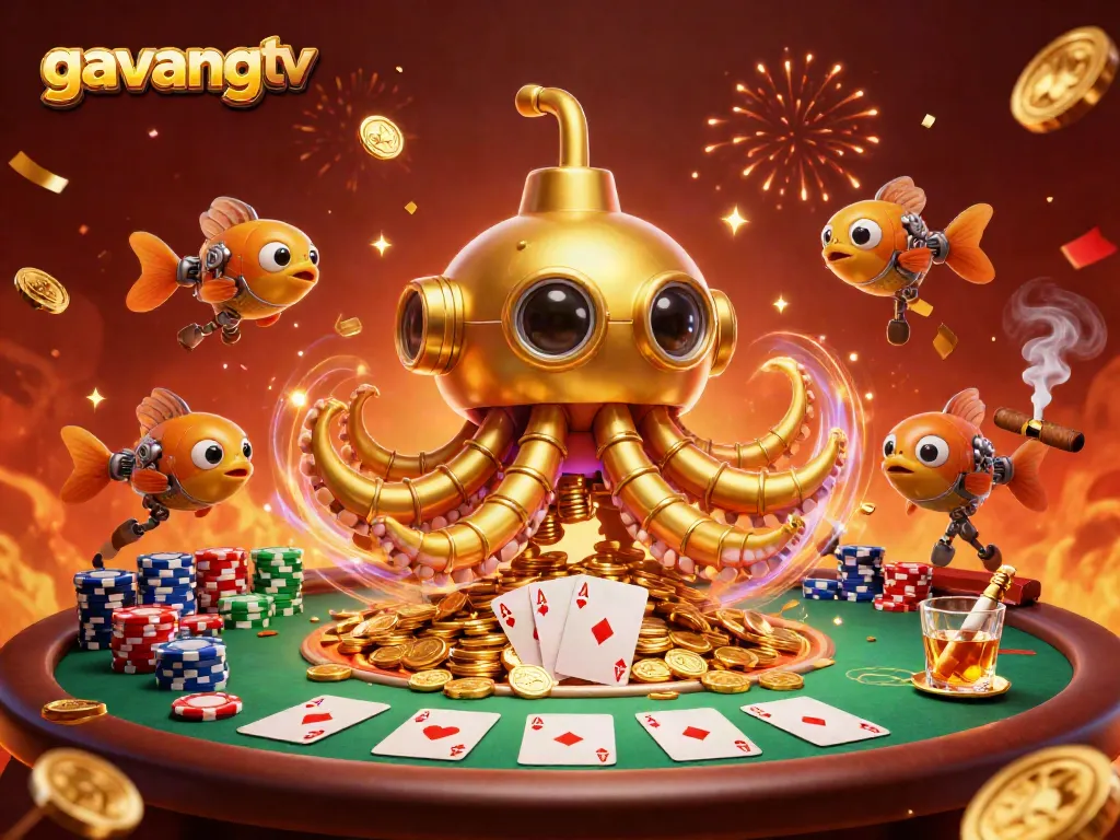 Experience thrilling gameplay with gavangtv's fantasy casino scene featuring a golden kraken and poker elements.