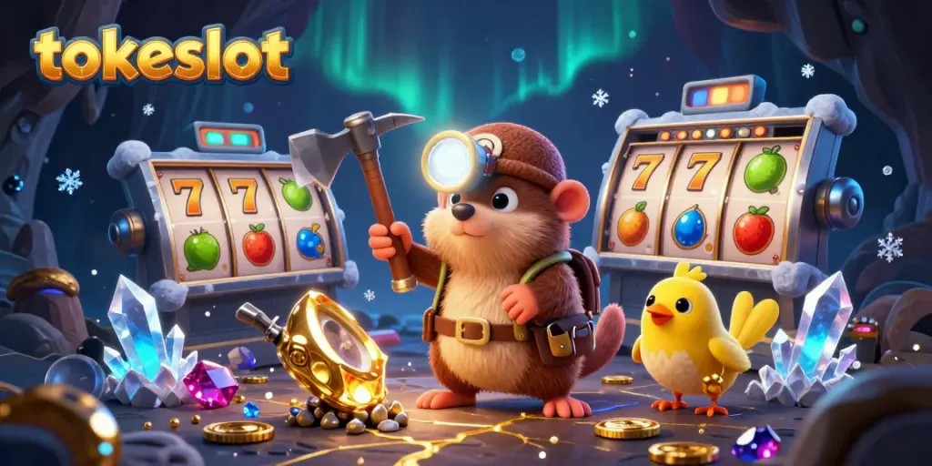 Experience the thrill of tokeslot with a cartoon mole and canary amidst glowing gems and slot elements.