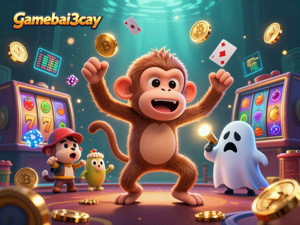 Engage in thrilling games at gamebai3cay with a lively haunted casino featuring a monkey and ghost-hunter.