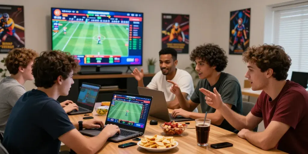 Players enjoying exciting online betting with lotus365 on devices, vibrant atmosphere.