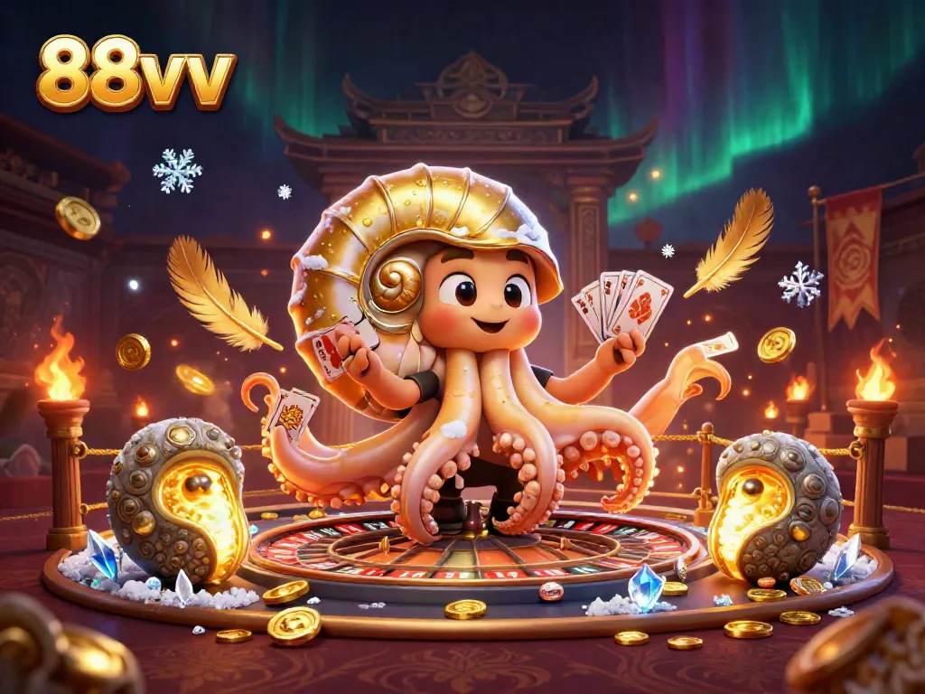 Engage with thrilling excitement at 88vv, featuring a giant nautilus roulette wheel and vibrant casino elements.