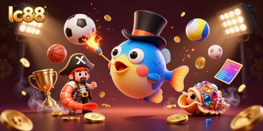 Engage with lc88 and experience a dynamic 3D scene featuring a deep-sea anglerfish and pirate shrimp in a vibrant casino atmosphere.
