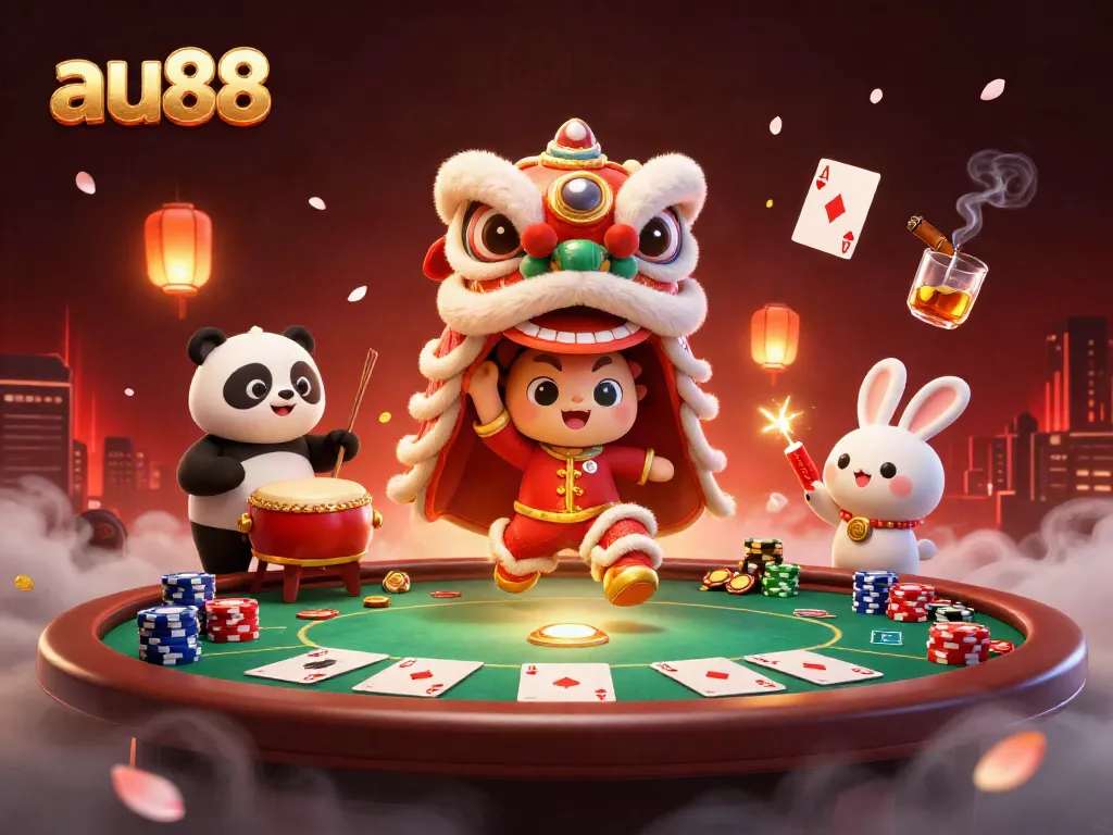 Experience the vibrant casino atmosphere of au88 with exciting poker action and festive characters.