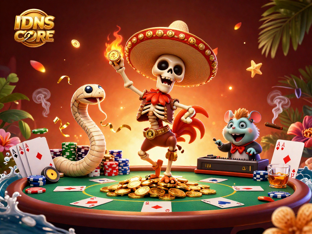 IDNSCORE offers an exciting loyalty point slot experience with vibrant characters and casino elements.