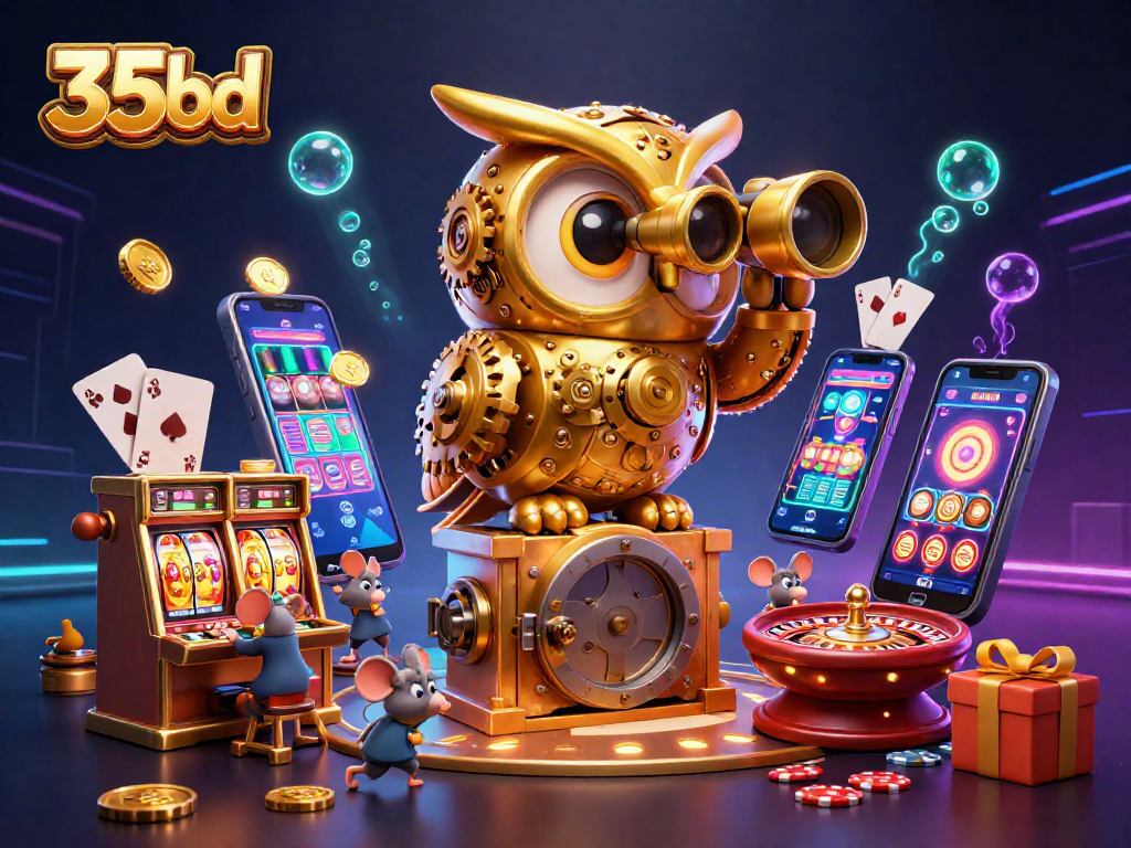 Engage with 35bd's gaming excitement with a clockwork owl overseeing bustling casino activities.