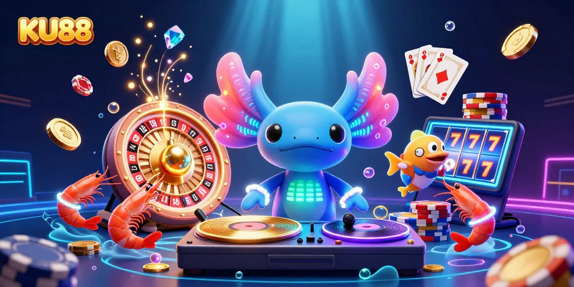 Engage in thrilling gaming with KU88 featuring a vibrant axolotl DJ and casino elements.