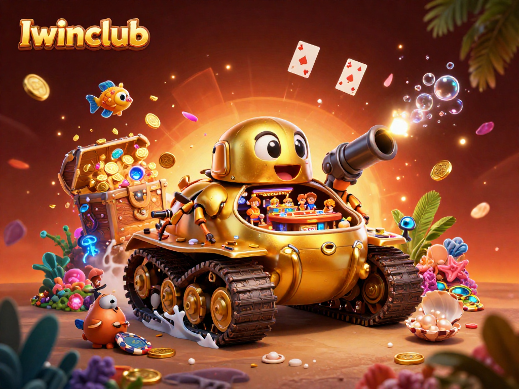 Iwinclub's engaging 3D cartoon illustration of a golden beetle tank revealing a vibrant miniature casino.