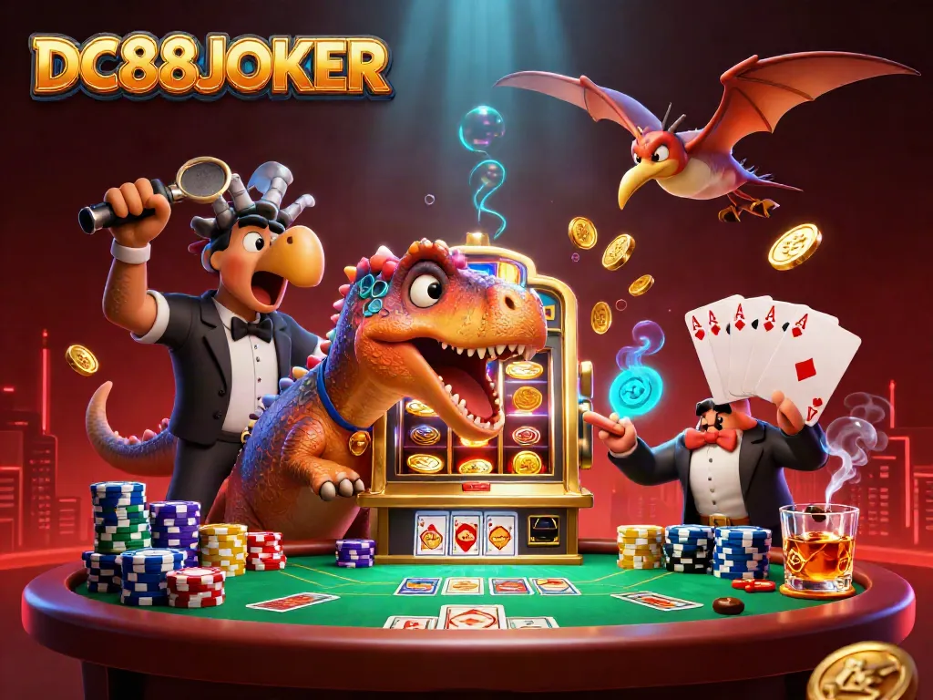 Experience the excitement of DC88JOKER as a pachycephalosaurus wins big at the slot machine in a dynamic casino scene.