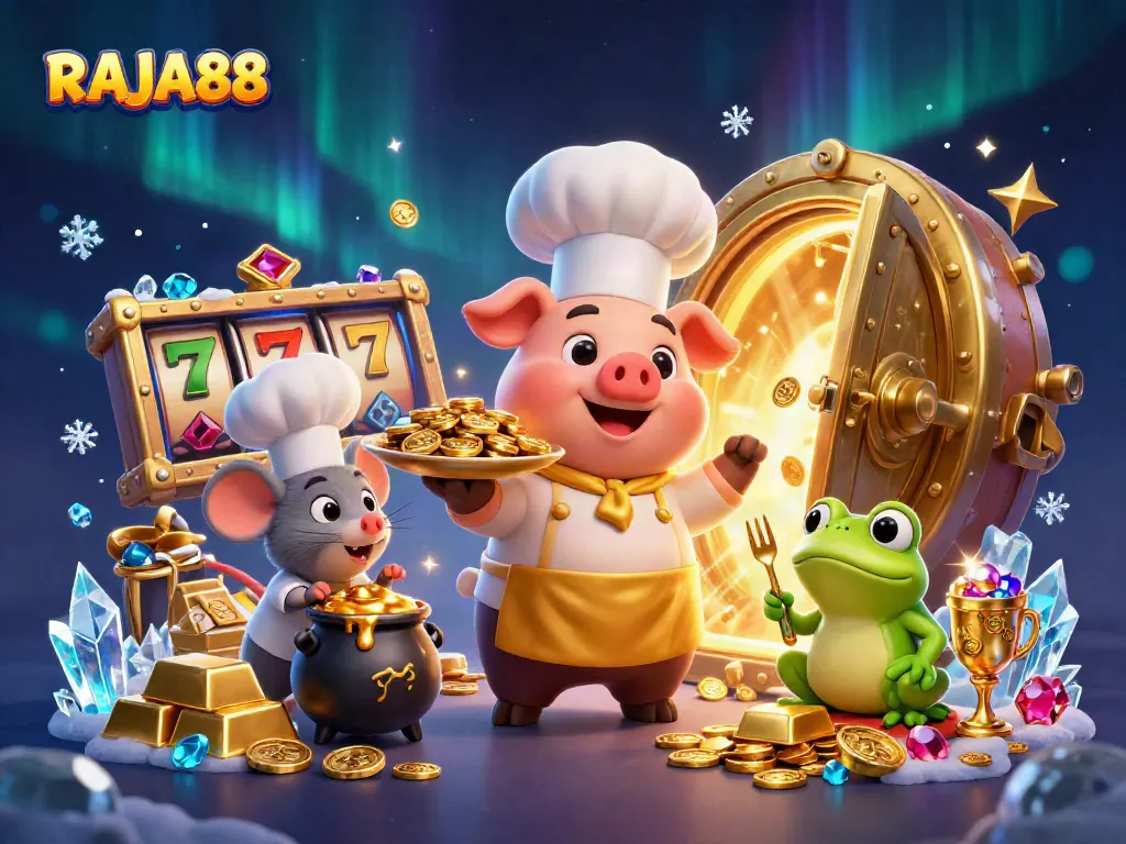 Ilustrasi RAJA88 menampilkan chef babi memegang koin emas di kasino slot.