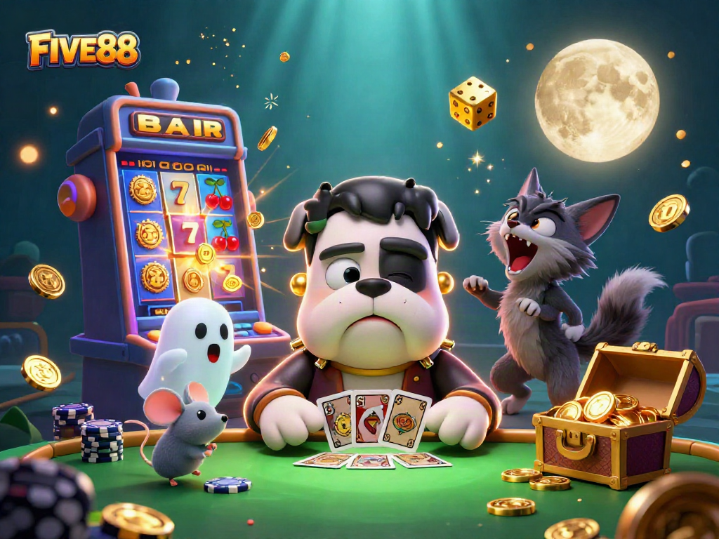 Experience the thrill of FIVE88 as the Frankenstein bulldog deals cards amidst vibrant casino elements.