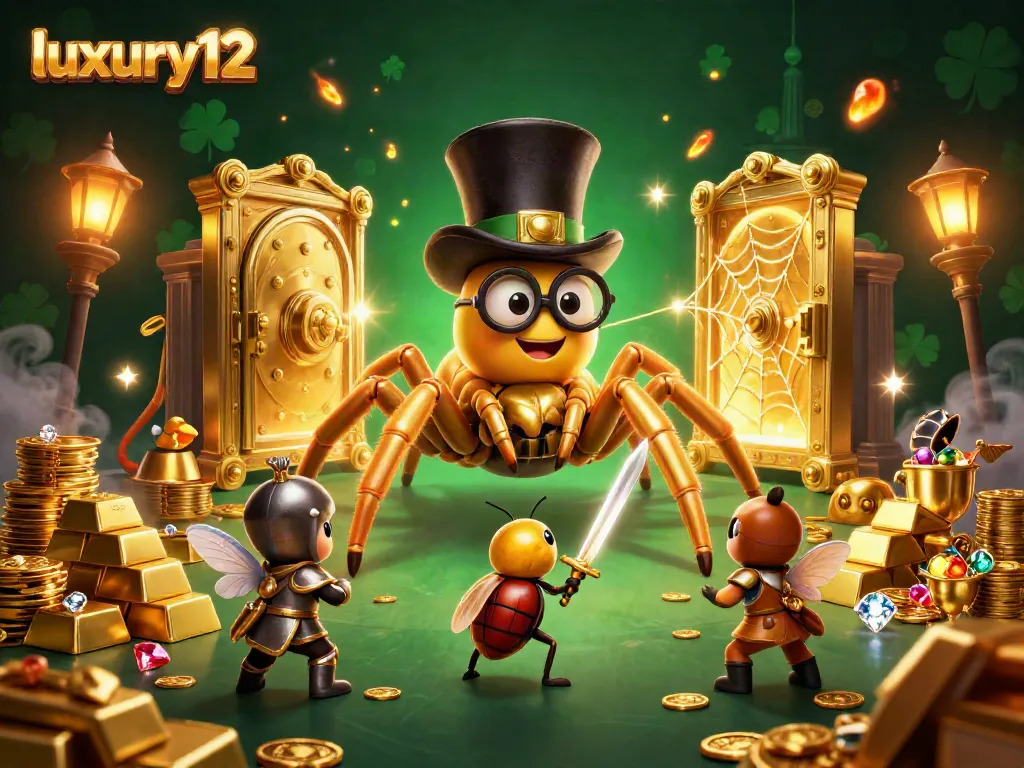Engage in thrilling gameplay with luxury12, featuring a vibrant scene of a golden tarantula and beetle knight amidst treasures.