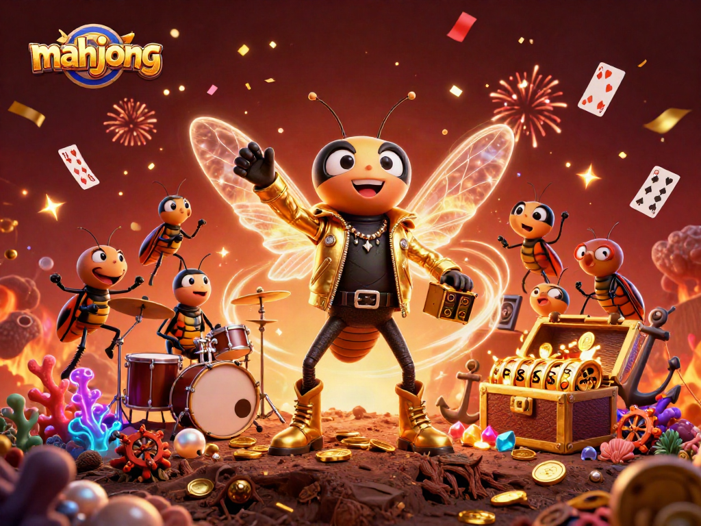 Engage with Mahjong excitement in a vibrant casino scene featuring animated characters and glowing treasures.