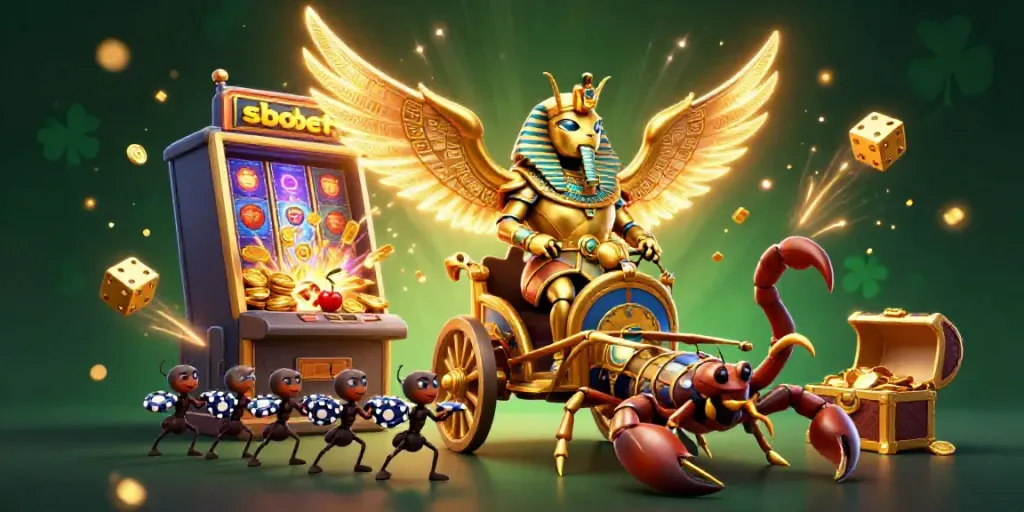 SBOBET facilitates a vibrant gaming scene with gold-themed characters and dynamic casino elements.