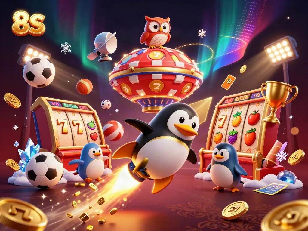 Experience the thrill of 8S gaming with a whimsical penguin in a vibrant casino space scene.