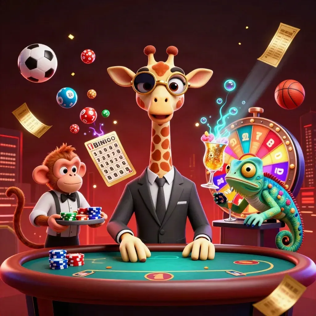 Giraffe, monkey, and chameleon in a neon casino scene with flying balls and gold chips.