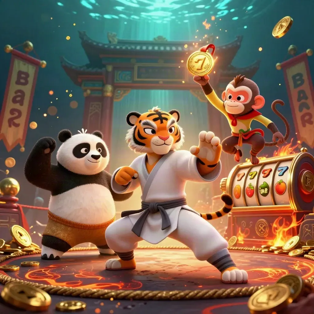 Kung-fu tiger, panda, and monkey in a fiery temple casino scene with flying slots symbols.