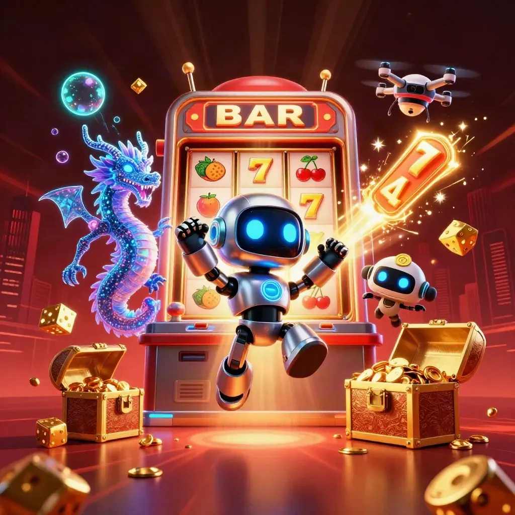 Robot, holographic dragon, and drone amid exploding slot reels, gold, and neon volcanic light.