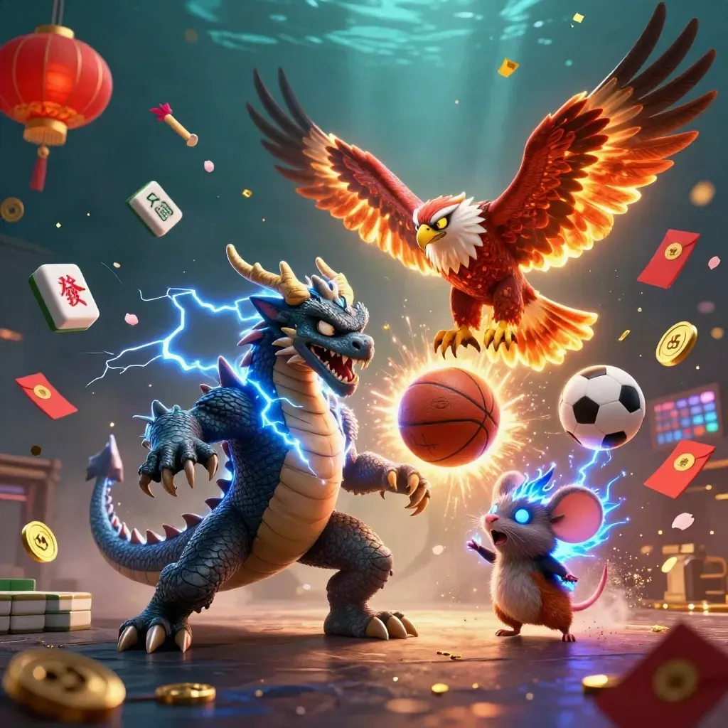 Thunder dragon, hawk, and mouse swirl around a glowing basketball, soccer ball, and casino charms.