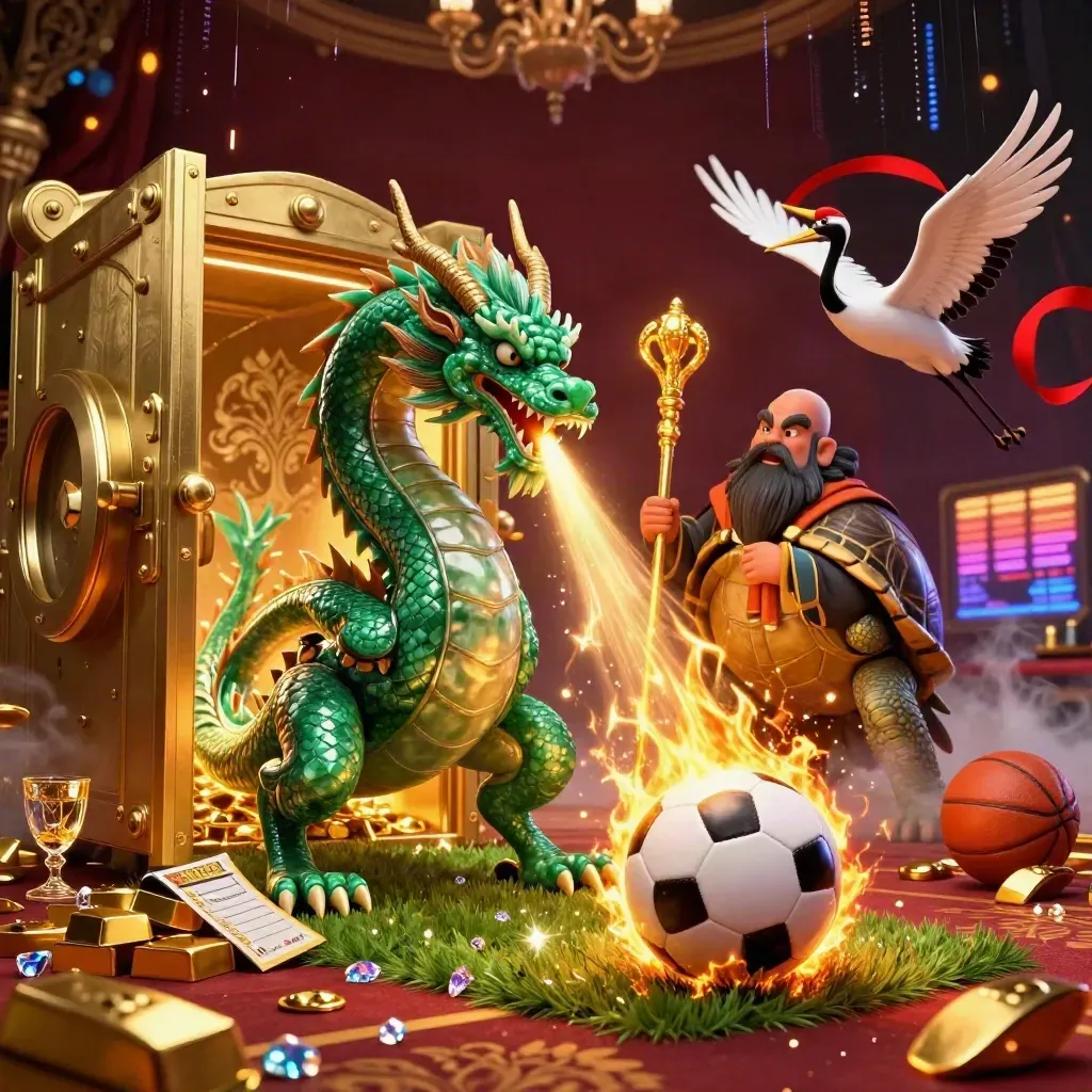Jade dragon, turtle sage, cranes, soccer ball, and gold vault light in volcanic casino glow