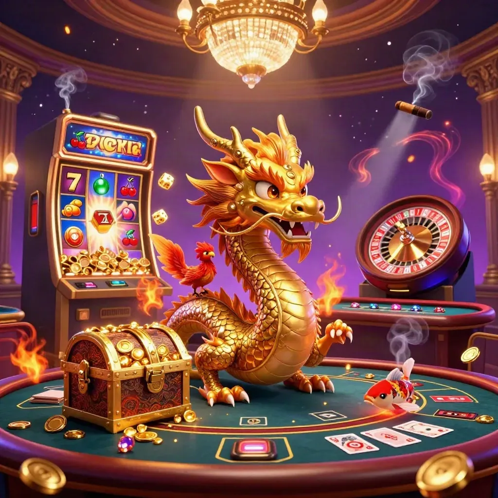 Dragon, phoenix and koi amid a bursting slot machine, roulette wheel and gold in a luxe casino room