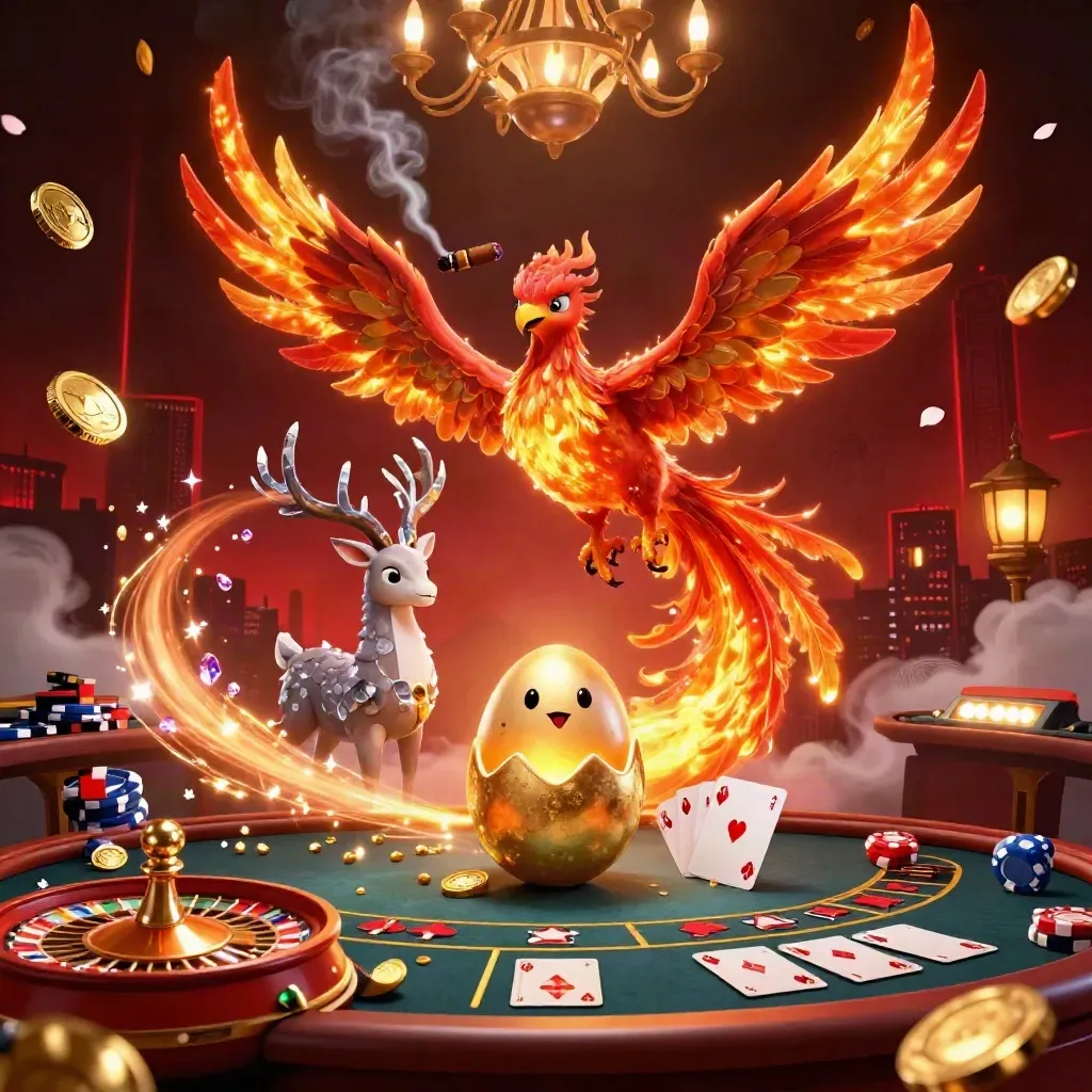 Phoenixes, stag, roulette wheel, coins, and cards in a fiery live-casino scene.