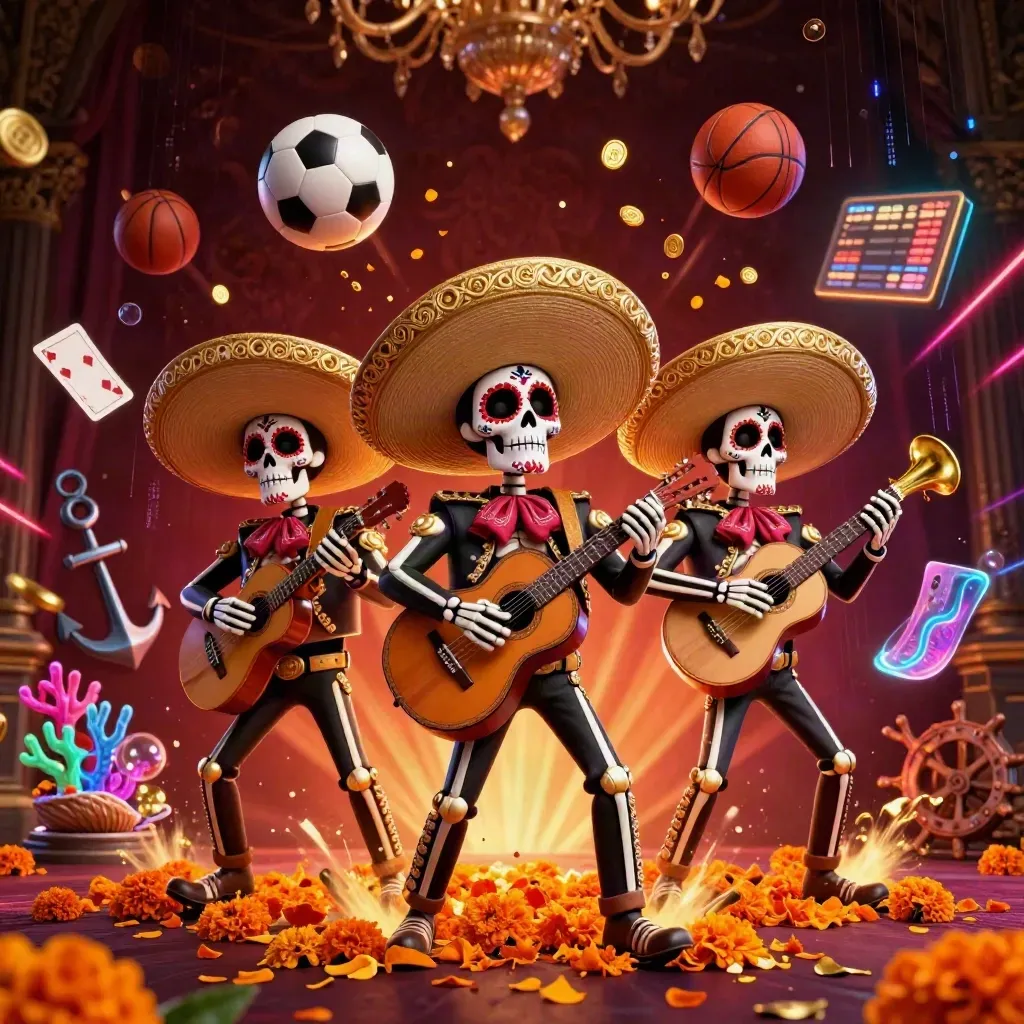 Skeleton mariachi trio amid coins, coral, cards, balls and neon casino effects.