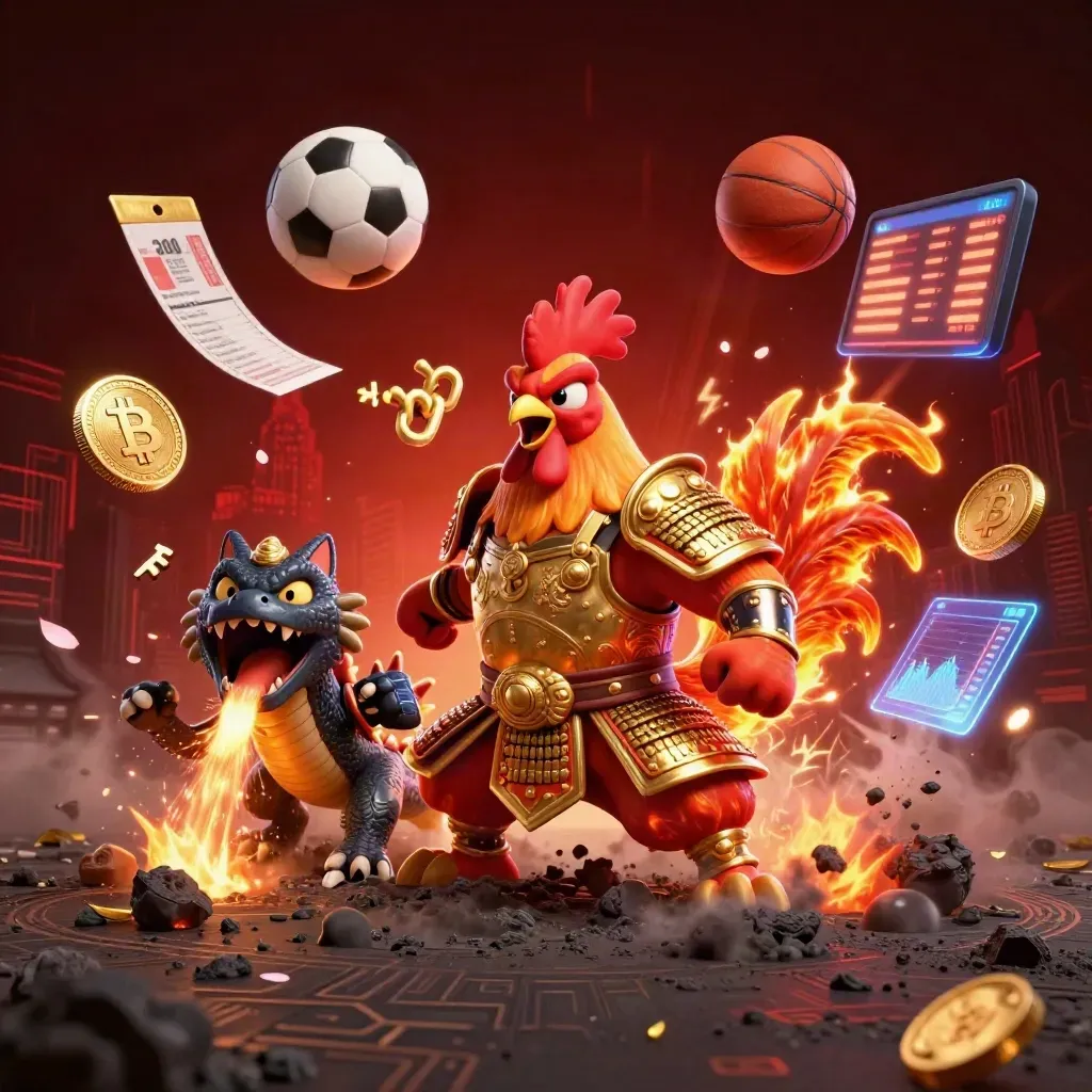 Rooster warrior, dragon hatchling and fortune-cat in a fiery sports splash with coins and sparks