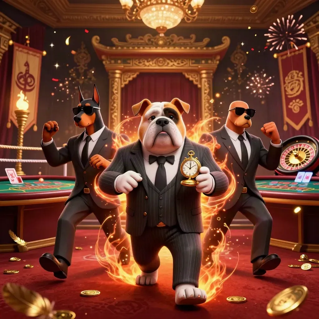 Bulldog mafia boss with Doberman guards in a lavish volcanic casino scene