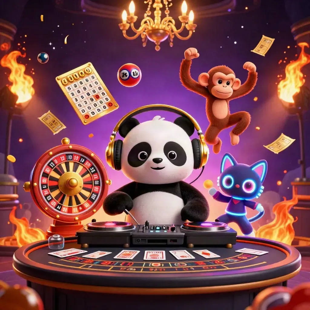 Three cartoon casino heroes amid roulette, lottery balls and golden luxury in a volcanic neon room