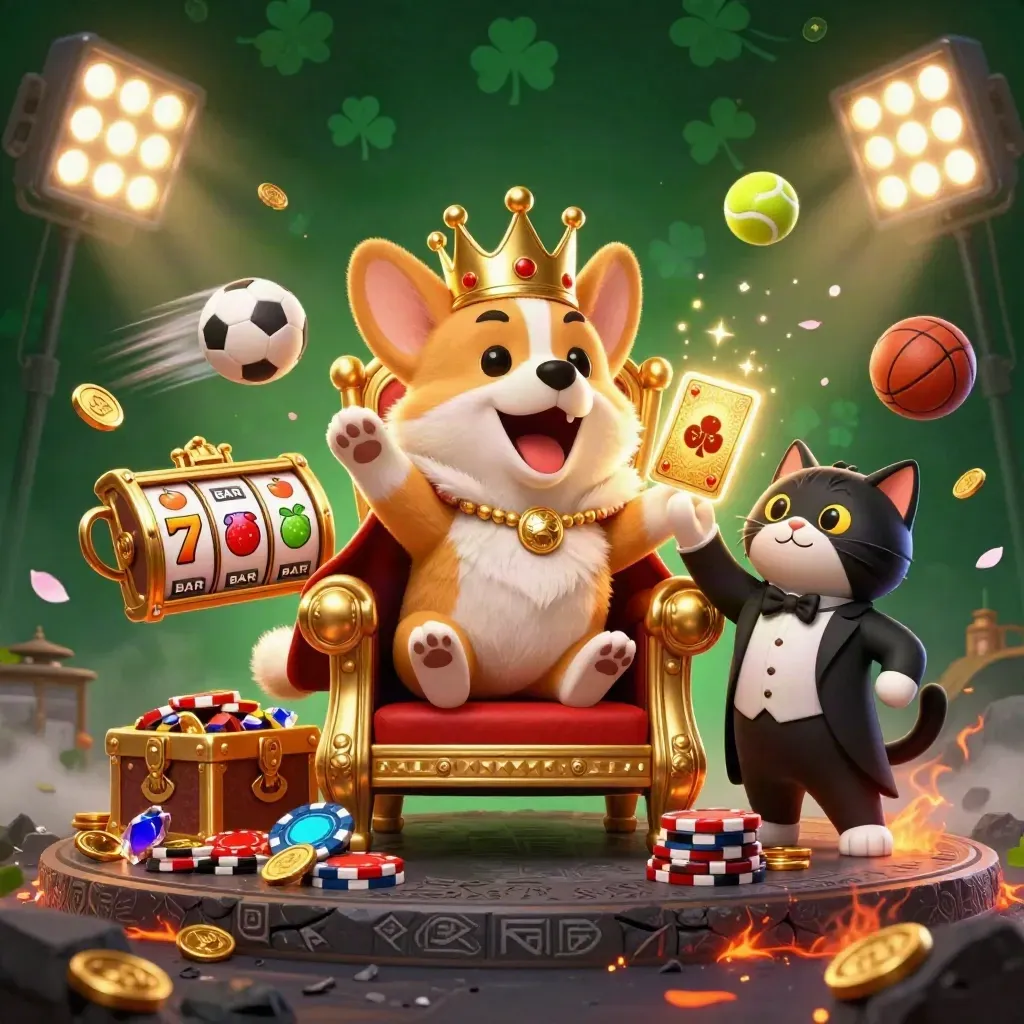 Royal corgi on chip throne with cat butler, gold bursts, sports balls, fog, and casino sparkles