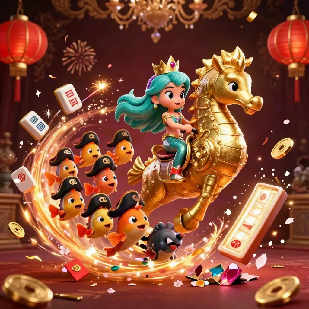 Mermaid princess on a golden seahorse amid lanterns, coins, confetti and fireworks.