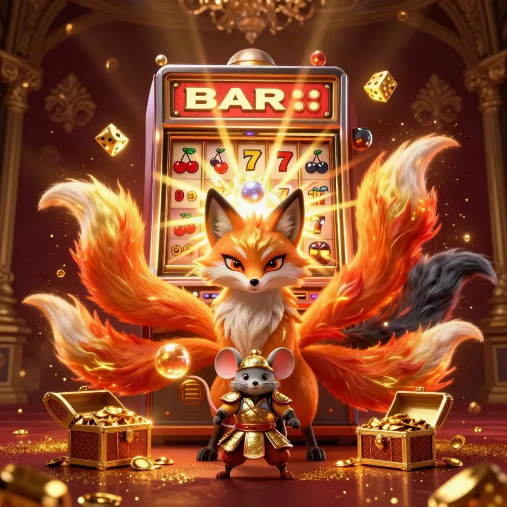 Nine-tailed fox spirit and armored mouse amid exploding slot machine, gold, gems, and fiery casino magic
