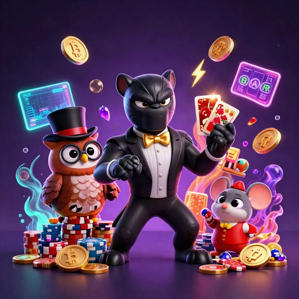 Panther, owl, and mouse in neon casino action with chips, coins, and treasure bursts