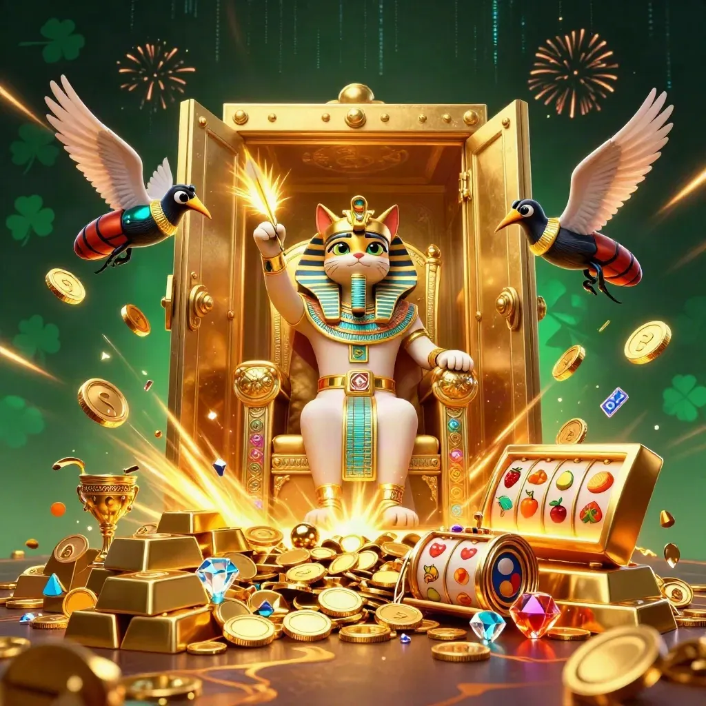 Pharaoh cat, ibis scribe, and gem beetles erupt from a gold vault in a fiery casino scene.