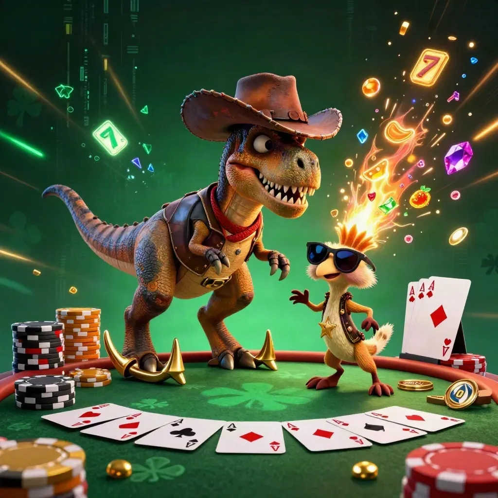 Cowboy T-Rex, cactus pal, and roadrunner blasting a casino poker table with gold energy