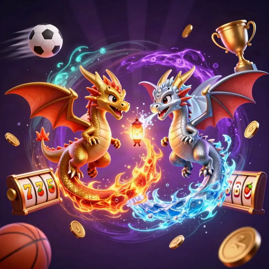 Twin gold and silver dragons spiral with coins, balls, trophies, and magical neon casino energy.