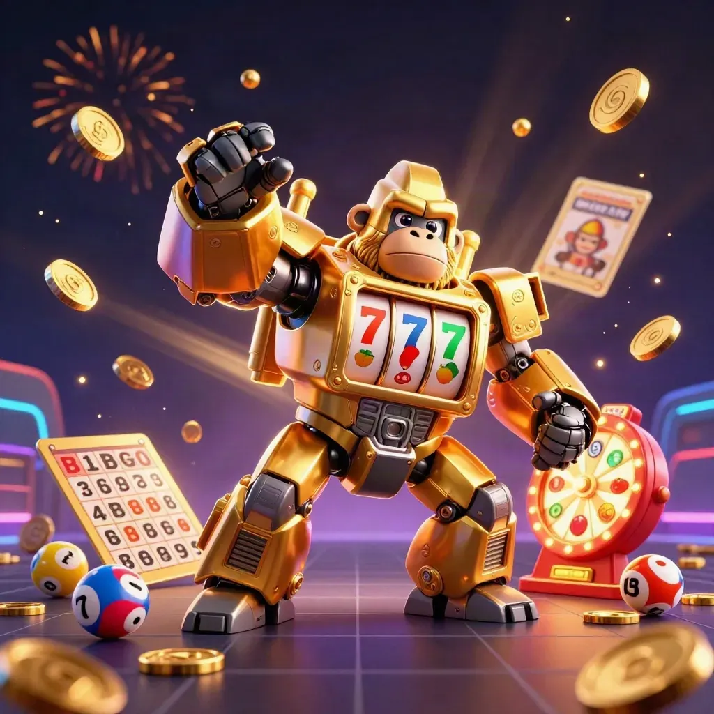 Golden gorilla mech with monkey pilot bursts amid coins, reels, fireworks, and lottery props