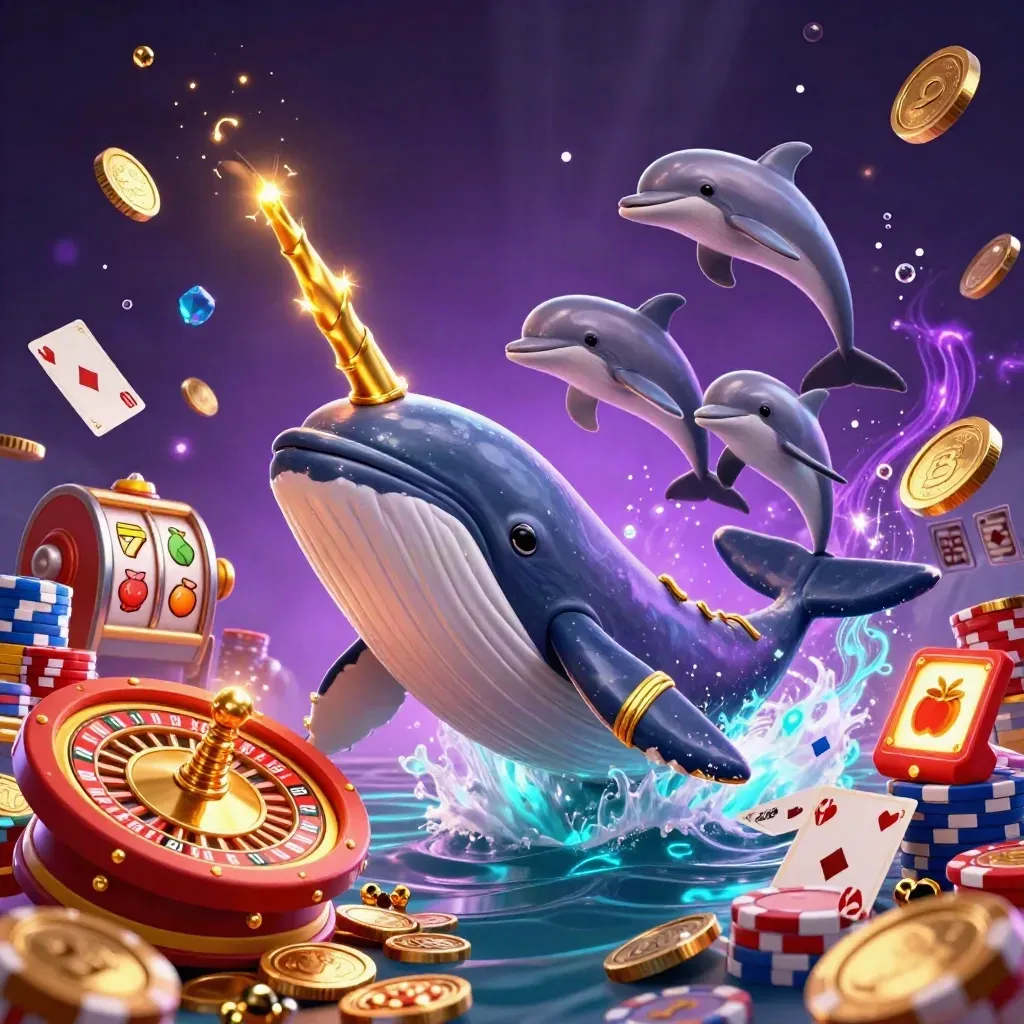 Whale captain, narwhal, and dolphins bursting through coins with casino treasure and neon glow.