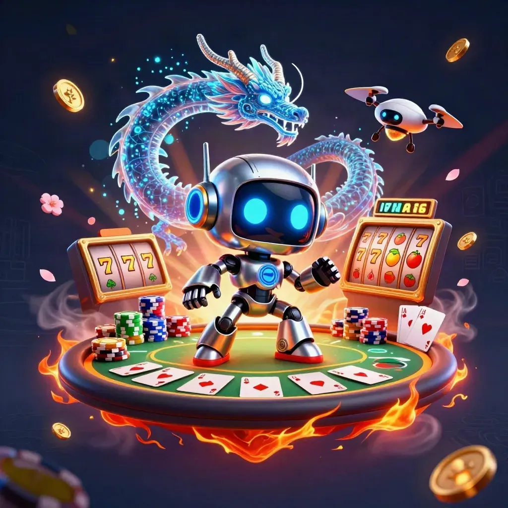 Cyberpunk robot, holographic dragon, and coin drone over casino chips and slot reels