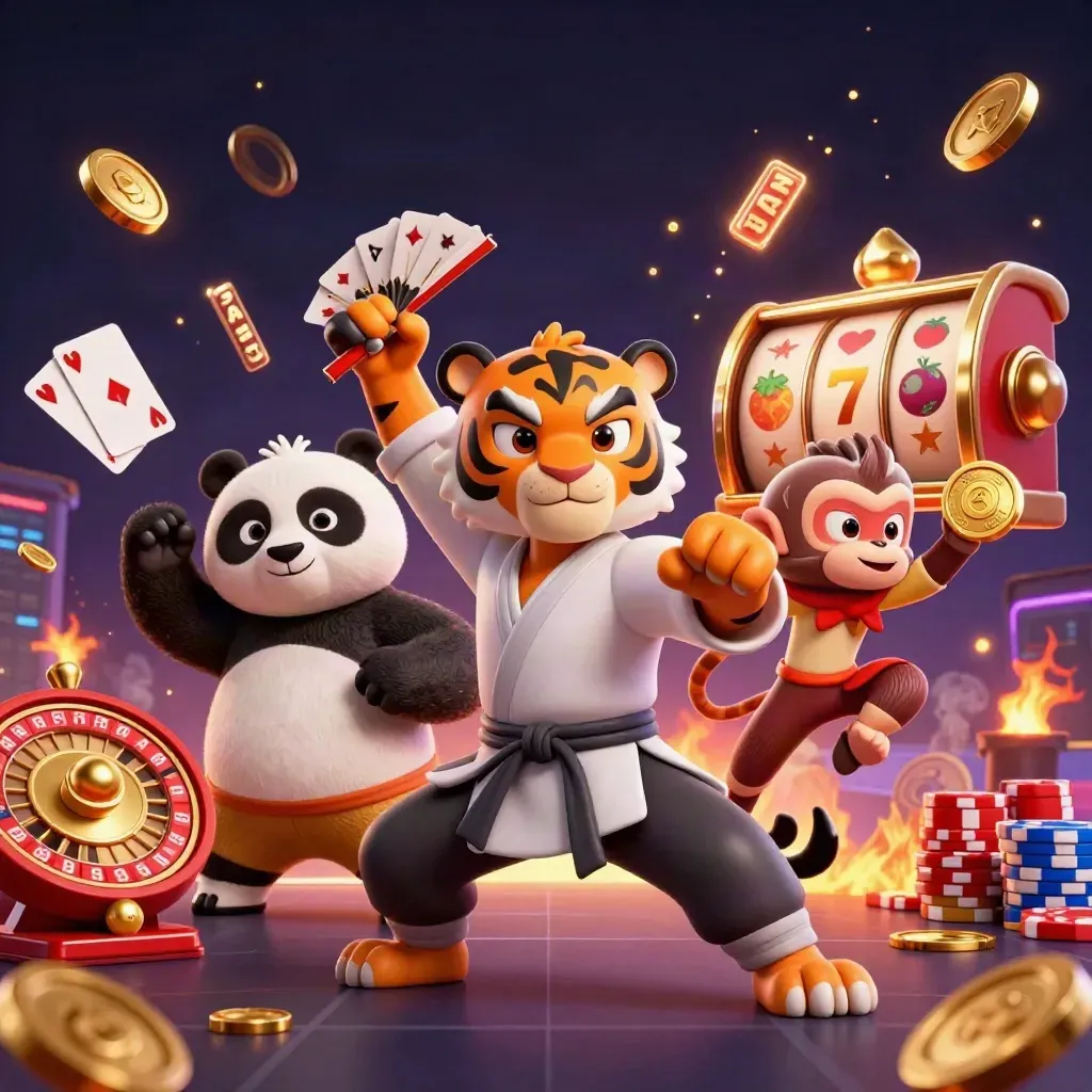Kung-fu tiger, panda, and monkey amid casino effects on a dark neon backdrop.