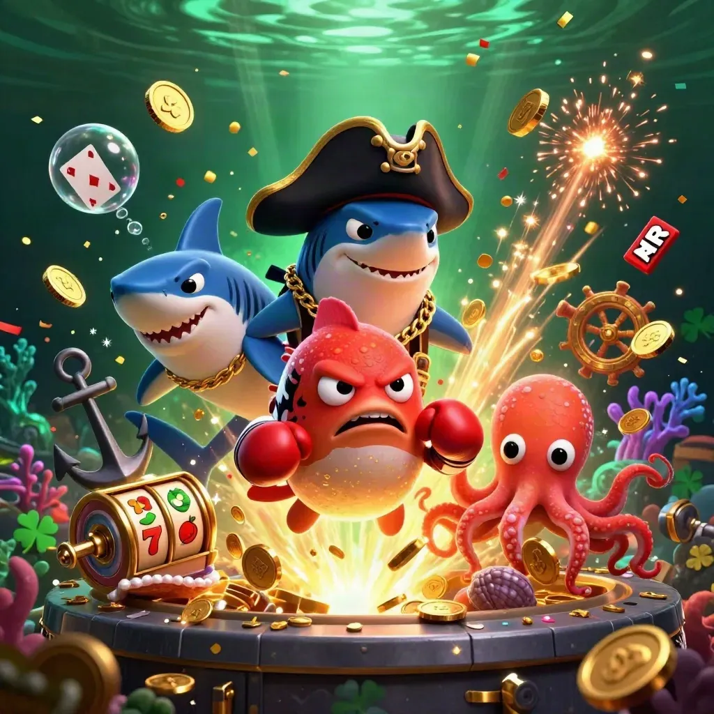 Pirate shark, boxing pufferfish, and juggling octopus amid coins, coral, fireworks, and reels